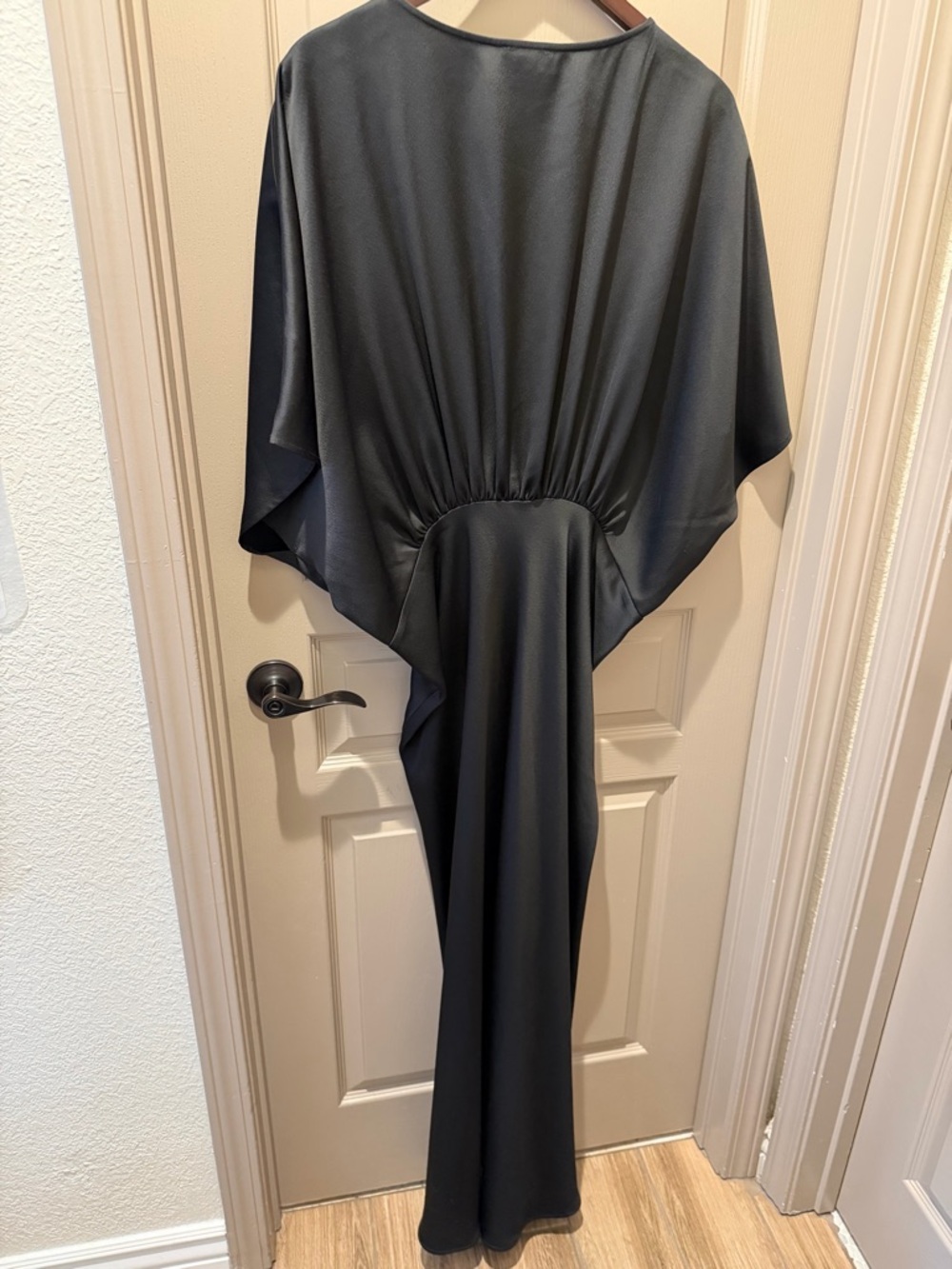 BHLDN Black Satin V-Neck Draped Midi Dress - Picture 6 of 7